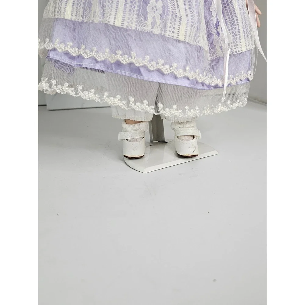 Vintage‎ Porcelain Doll Blonde Hair Blue Eyes Curls w Stand 14